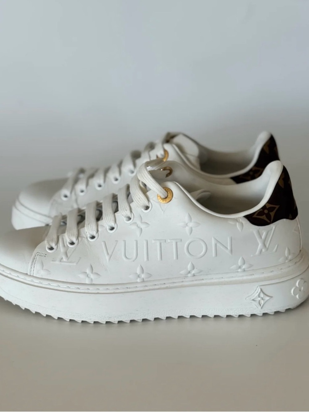 Louis Vuitton White Monogram Embossed Low-Top Sneaker with Monogram Heel